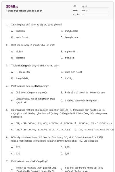 15 Câu trắc nghiệm Lipit có đáp án