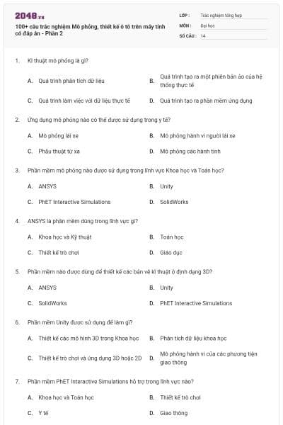 100+ câu trắc nghiệm Mô phỏng, thiết kế ô tô trên máy tính có đáp án - Phần 2