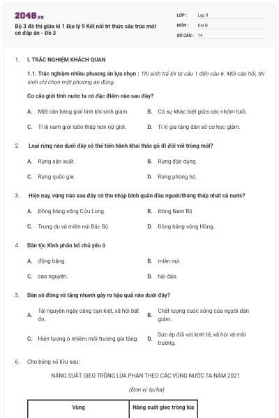 Bộ 3 đề thi giữa kì 1 Địa lý 9 Kết nối tri thức cấu trúc mới có đáp án - Đề 3