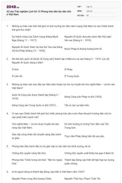 43 câu Trắc nghiệm Lịch Sử 12 Phong trào dân tộc dân chủ ở Việt Nam