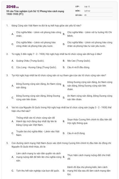 59 câu Trắc nghiệm Lịch Sử 12 Phong trào cách mạng 1930-1935 (P1)