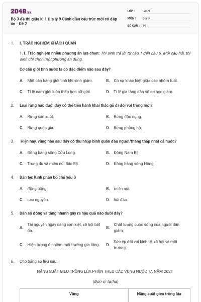 Bộ 3 đề thi giữa kì 1 Địa lý 9 Cánh diều cấu trúc mới có đáp án - Đề 2