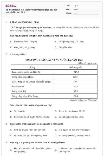Bộ 3 đề thi giữa kì 1 Địa lý 9 Chân trời sáng tạo cấu trúc mới có đáp án - Đề 1