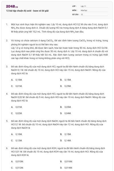 12 bài tập chuẩn độ acid - base có lời giải
