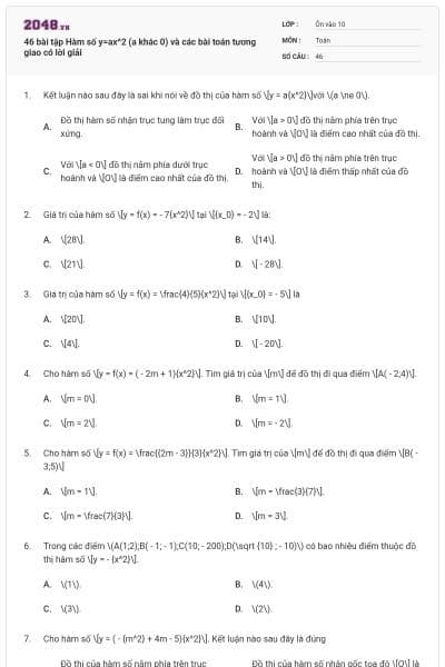 46 bài tập Hàm số y=ax^2 (a khác 0) và các bài toán tương giao có lời giải