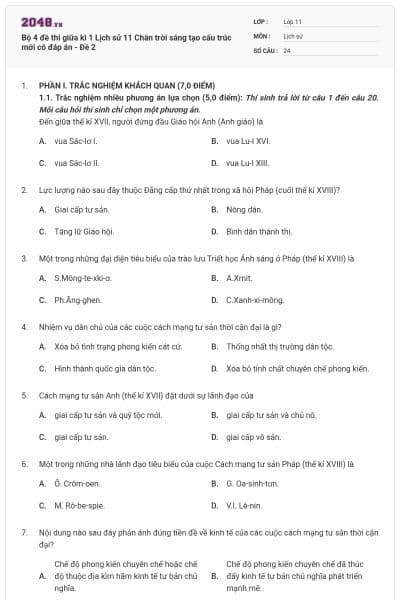 Bộ 4 đề thi giữa kì 1 Lịch sử 11 Chân trời sáng tạo cấu trúc mới có đáp án - Đề 2