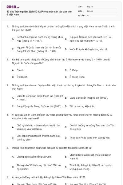 43 câu Trắc nghiệm Lịch Sử 12 Phong trào dân tộc dân chủ ở Việt Nam