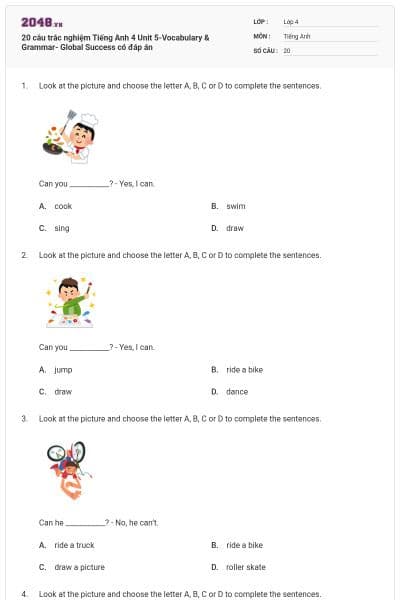 20 câu trắc nghiệm Tiếng Anh 4 Unit 5-Vocabulary & Grammar- Global Success có đáp án