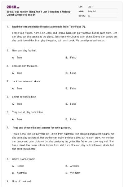 20 câu trắc nghiệm Tiếng Anh 4 Unit 5-Reading & Writing- Global Success có đáp án