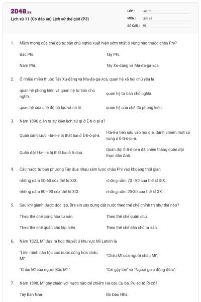 Lịch sử 11 (Có đáp án) Lịch sử thế giới (P3)