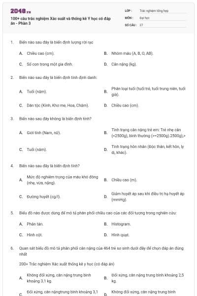 100+ câu trắc nghiệm Xác suất và thống kê Y học có đáp án - Phần 3