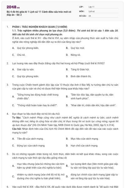 Bộ 4 đề thi giữa kì 1 Lịch sử 11 Cánh diều cấu trúc mới có đáp án - Đề 2