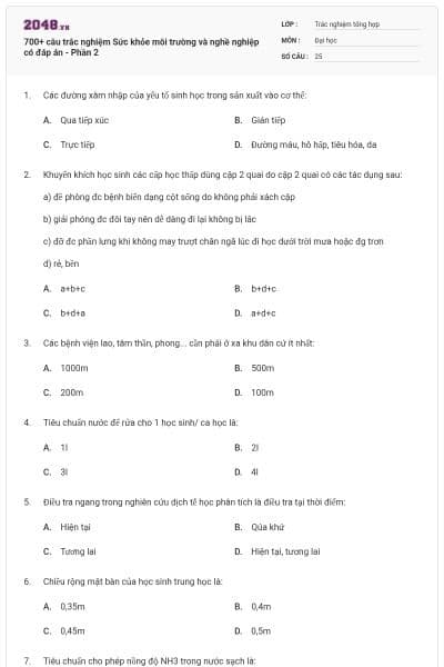 700+ câu trắc nghiệm Sức khỏe môi trường và nghề nghiệp có đáp án - Phần 2