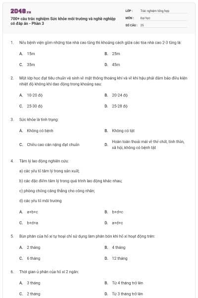 700+ câu trắc nghiệm Sức khỏe môi trường và nghề nghiệp có đáp án - Phần 3