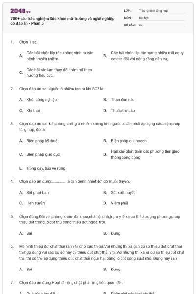 700+ câu trắc nghiệm Sức khỏe môi trường và nghề nghiệp có đáp án - Phần 5