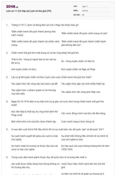 Lịch sử 11 (Có đáp án) Lịch sử thế giới (P4)