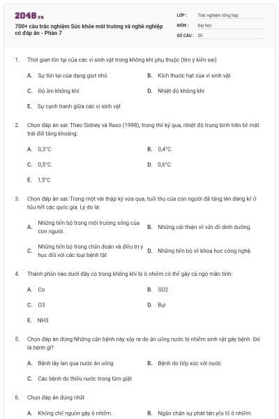 700+ câu trắc nghiệm Sức khỏe môi trường và nghề nghiệp có đáp án - Phần 7