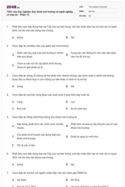700+ câu trắc nghiệm Sức khỏe môi trường và nghề nghiệp có đáp án - Phần 12