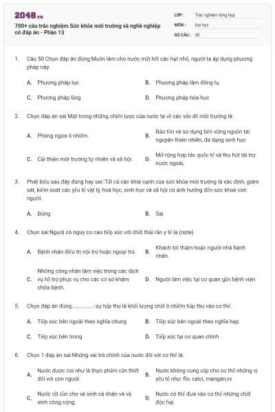 700+ câu trắc nghiệm Sức khỏe môi trường và nghề nghiệp có đáp án - Phần 13