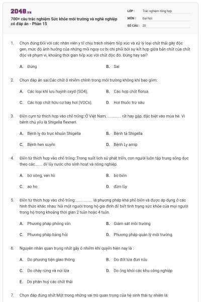 700+ câu trắc nghiệm Sức khỏe môi trường và nghề nghiệp có đáp án - Phần 15