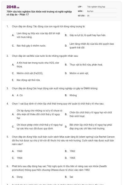 700+ câu trắc nghiệm Sức khỏe môi trường và nghề nghiệp có đáp án - Phần 17