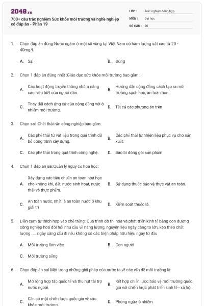 700+ câu trắc nghiệm Sức khỏe môi trường và nghề nghiệp có đáp án - Phần 19