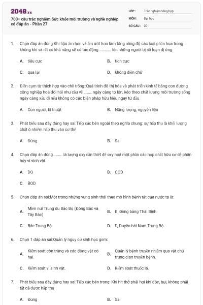 700+ câu trắc nghiệm Sức khỏe môi trường và nghề nghiệp có đáp án - Phần 27