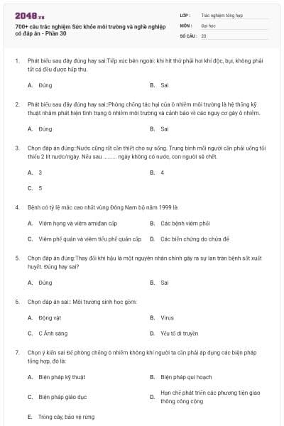 700+ câu trắc nghiệm Sức khỏe môi trường và nghề nghiệp có đáp án - Phần 30