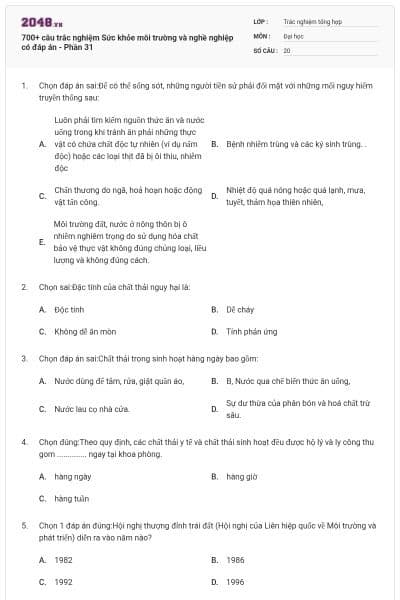 700+ câu trắc nghiệm Sức khỏe môi trường và nghề nghiệp có đáp án - Phần 31