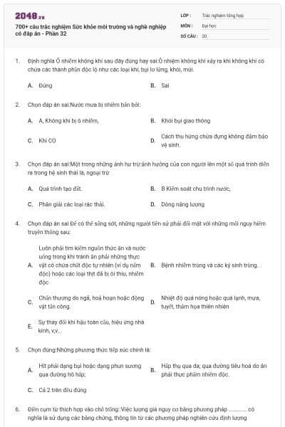 700+ câu trắc nghiệm Sức khỏe môi trường và nghề nghiệp có đáp án - Phần 32