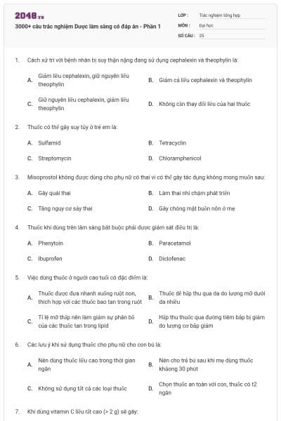 3000+ câu trắc nghiệm Dược lâm sàng có đáp án - Phần 1