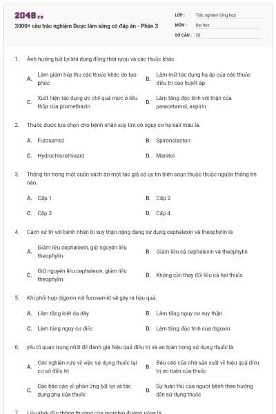 3000+ câu trắc nghiệm Dược lâm sàng có đáp án - Phần 3