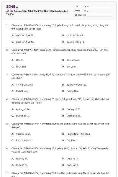 40 câu  Trắc nghiệm Atlat Địa lí Việt Nam: Địa lí ngành dịch vụ (P2)