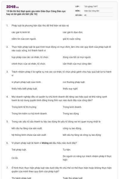 19 Đề thi thử thpt quốc gia môn Giáo Dục Công Dân cực hay có lời giải chi tiết (đề 16)