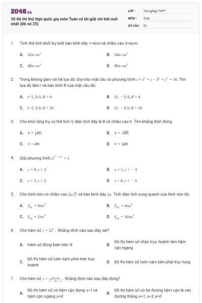 30 Đề thi thử thpt quốc gia môn Toán có lời giải chi tiết mới nhất (Đề số 25)