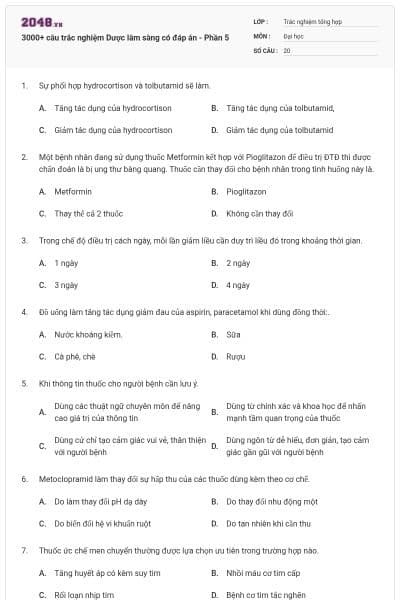 3000+ câu trắc nghiệm Dược lâm sàng có đáp án - Phần 5