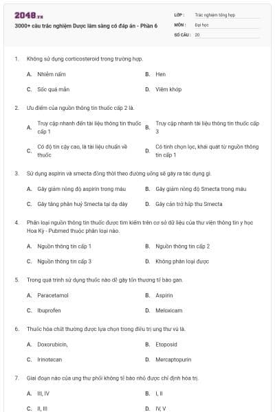 3000+ câu trắc nghiệm Dược lâm sàng có đáp án - Phần 6