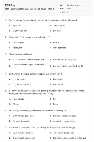 3000+ câu trắc nghiệm Dược lâm sàng có đáp án - Phần 8