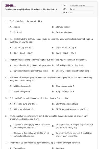 3000+ câu trắc nghiệm Dược lâm sàng có đáp án - Phần 9