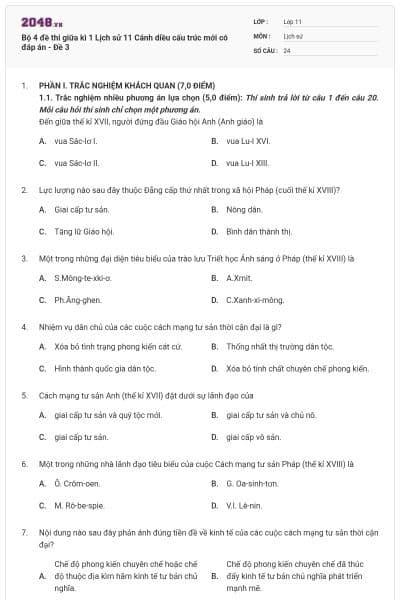 Bộ 4 đề thi giữa kì 1 Lịch sử 11 Cánh diều cấu trúc mới có đáp án - Đề 3