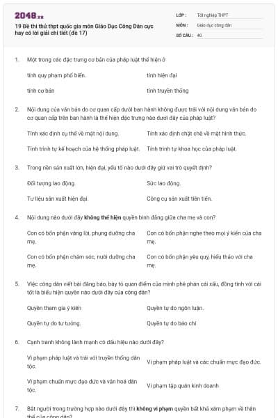 19 Đề thi thử thpt quốc gia môn Giáo Dục Công Dân cực hay có lời giải chi tiết (đề 17)