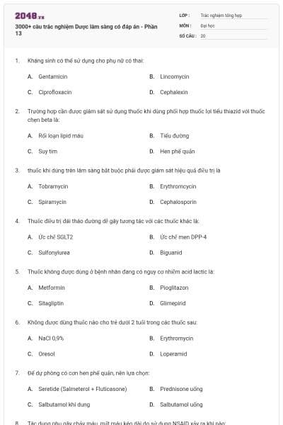 3000+ câu trắc nghiệm Dược lâm sàng có đáp án - Phần 13