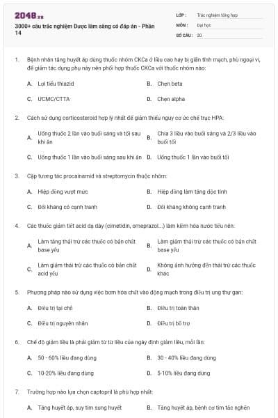3000+ câu trắc nghiệm Dược lâm sàng có đáp án - Phần 14