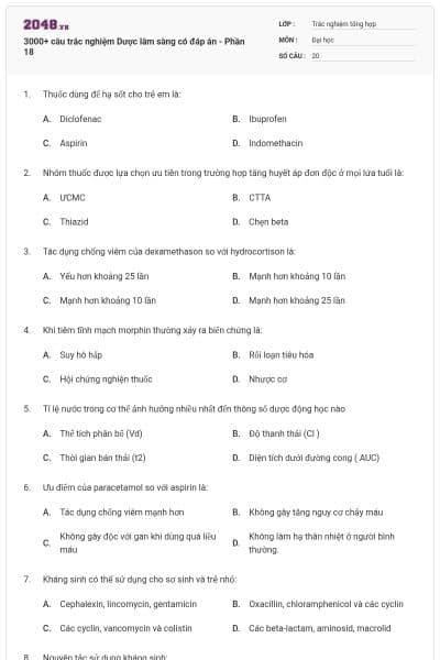 3000+ câu trắc nghiệm Dược lâm sàng có đáp án - Phần 18