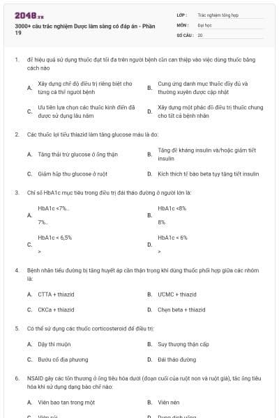 3000+ câu trắc nghiệm Dược lâm sàng có đáp án - Phần 19