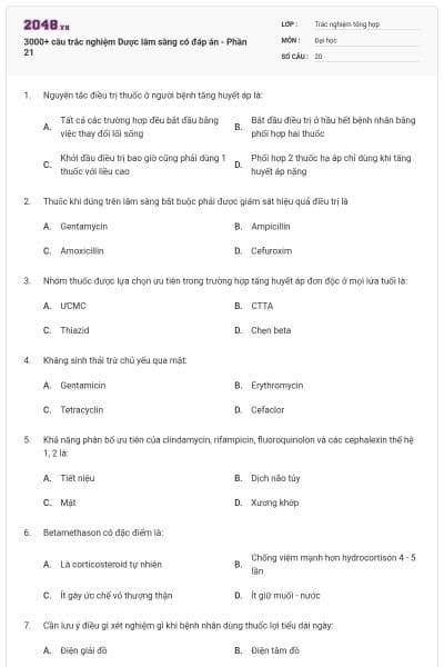 3000+ câu trắc nghiệm Dược lâm sàng có đáp án - Phần 21