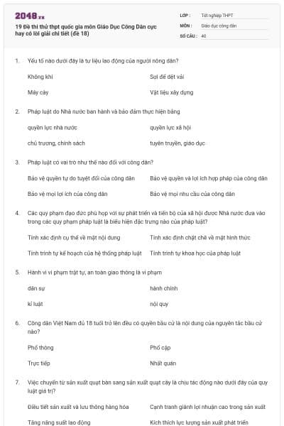 19 Đề thi thử thpt quốc gia môn Giáo Dục Công Dân cực hay có lời giải chi tiết (đề 18)