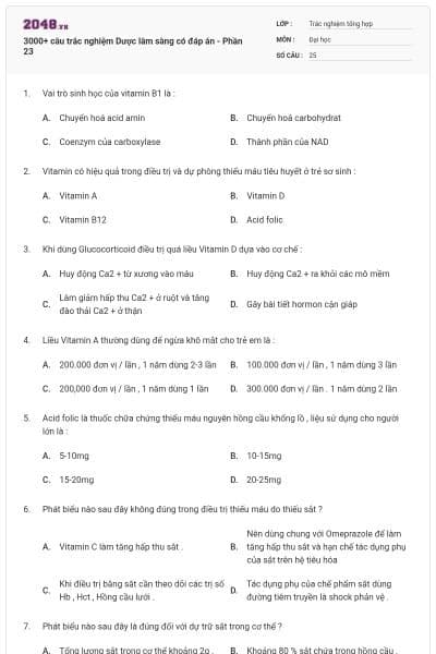 3000+ câu trắc nghiệm Dược lâm sàng có đáp án - Phần 23