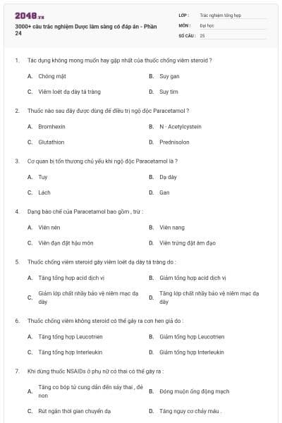 3000+ câu trắc nghiệm Dược lâm sàng có đáp án - Phần 24