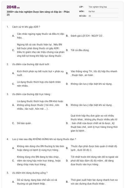 3000+ câu trắc nghiệm Dược lâm sàng có đáp án - Phần 25